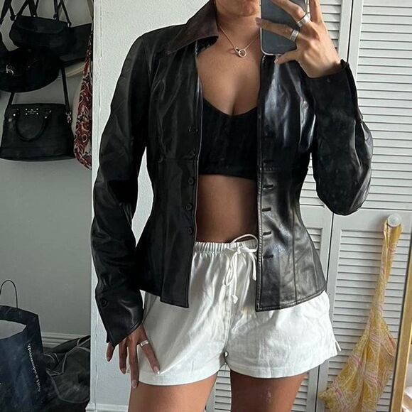 Vintage Vertigo Paris Faux Leather Fitted Black Jacket with Ultra Suede Collar. - Picture 4 of 7